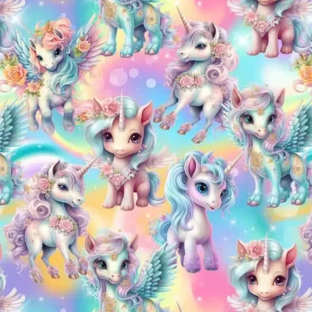 Puuvillatrikotaaž "Vikerkaare ükssarved"