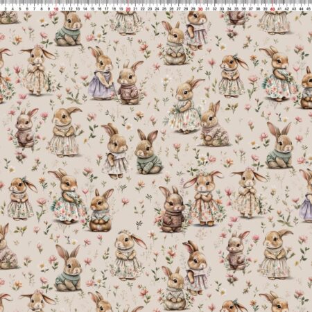 Puuvillatrikotaaž "Jänesed lilledega"