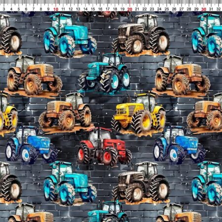 Puuvillatrikotaaž "Värvilised traktorid"