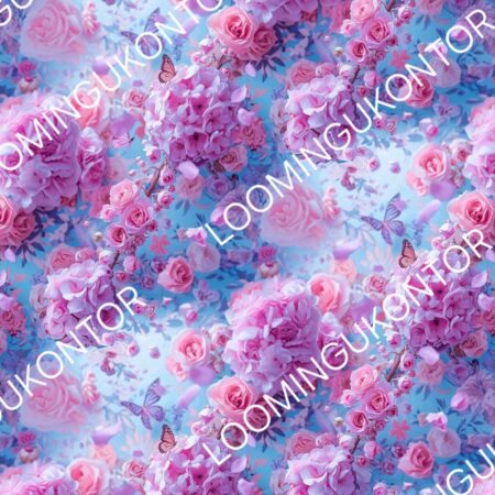 Puuvillatrikotaaž "Lilled ja liblikad helesinisel"