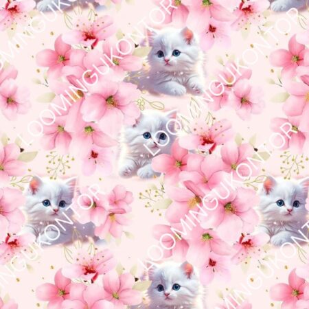 Puuvillatrikotaaž "Valged kassid lilledega"